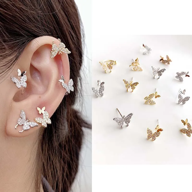 Женские серьги гвоздики с бабочкой золотые стразы имитация пирсинга подарки