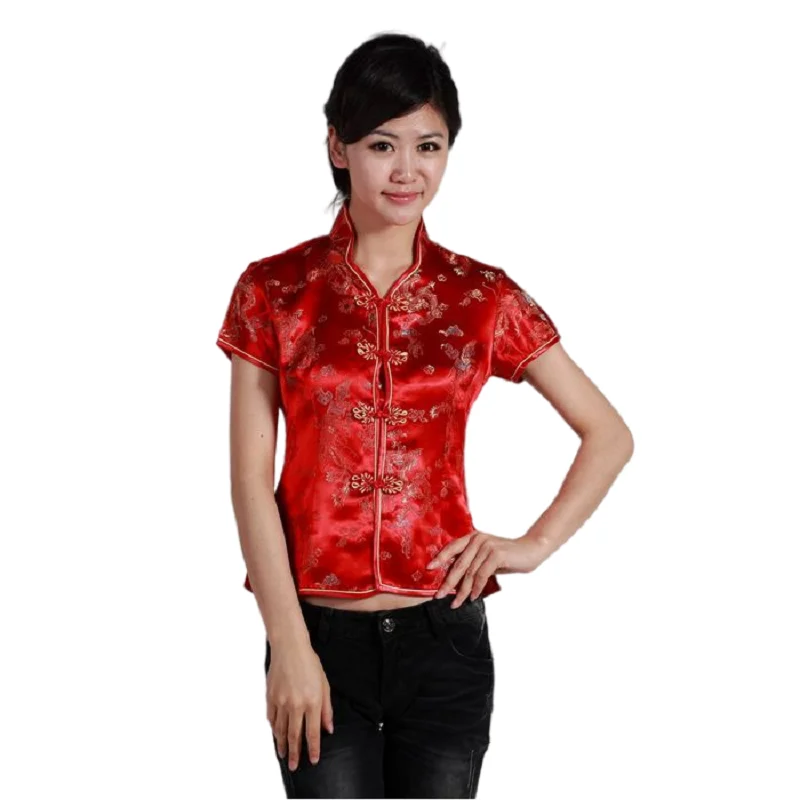 

Китайские традиционные топы, Женская атласная рубашка с коротким рукавом, размер: S-3XL