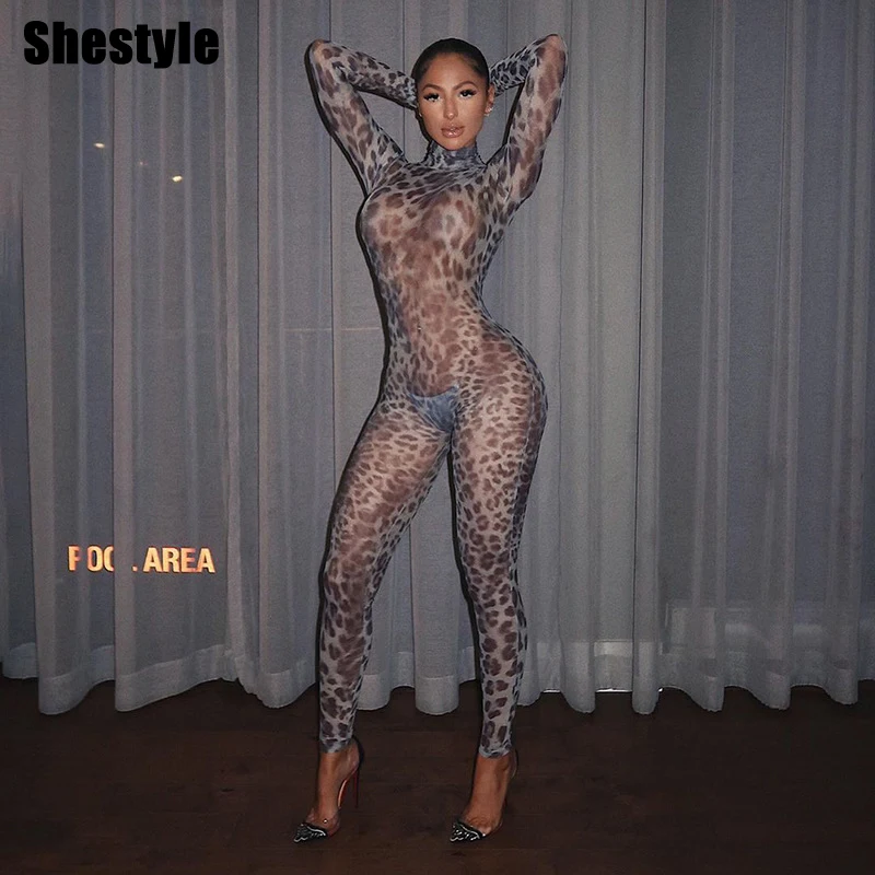 Женский сетчатый леопардовый комбинезон Shestyle сексуальный с длинным рукавом