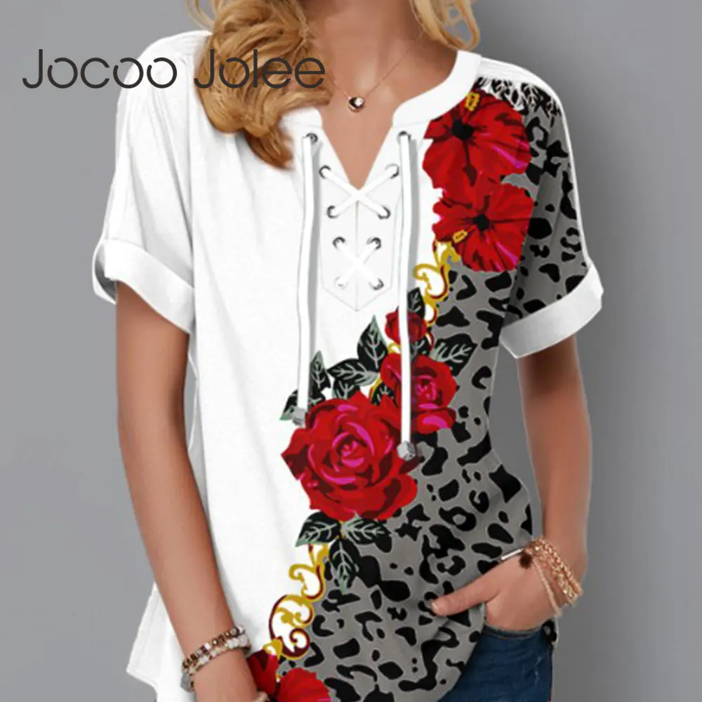 

Блузка Jocoo Jolee женская с цветочным принтом, элегантная Свободная Повседневная рубашка с коротким рукавом, на шнуровке, с V-образным вырезом, у...