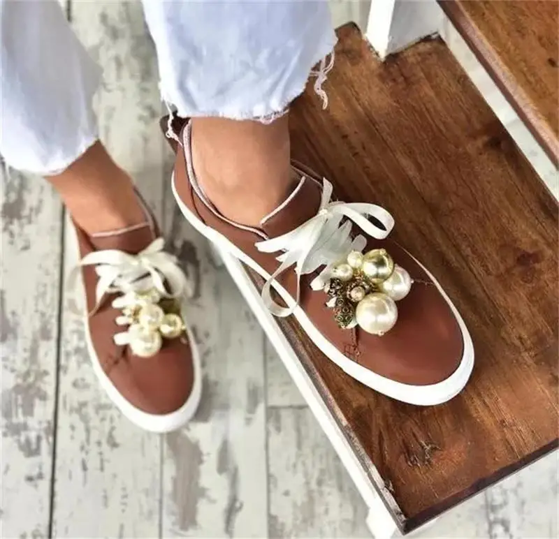 

New Women's Shoes High Quality Solid Color PU Beaded Ribbon Flat Heel Comfortable Cute Fashion Casual All-match Sneakers 6KF096