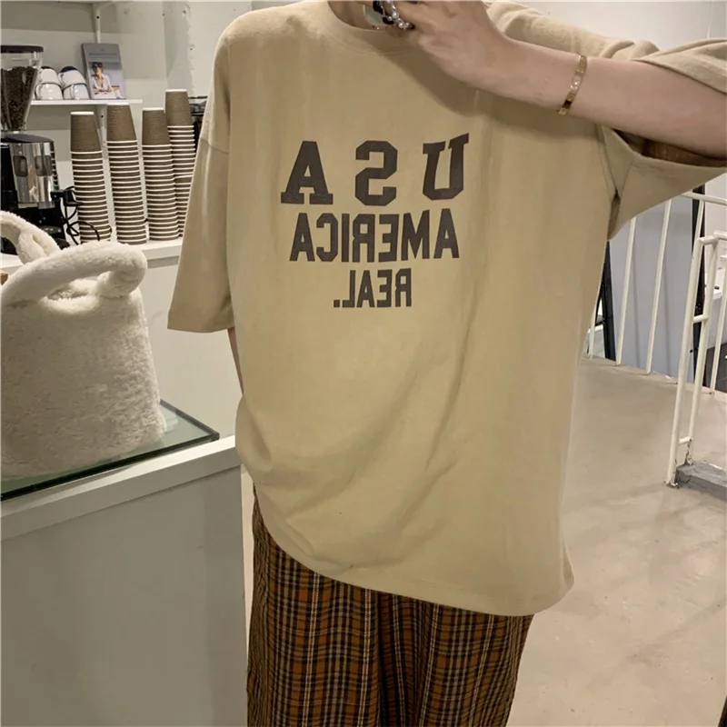 

Qooth Brushed Cotton All Match T-Shirt Short Sleeve Loose Straight Mid-Length Letter Printed Tops Causal Solid Thin Shirt QT851