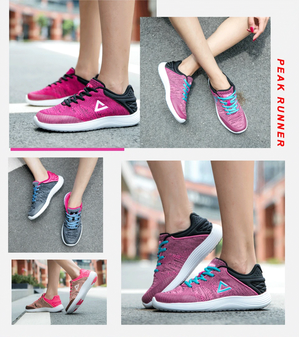 PEAK Running Shoes Light Weight Sneakers Women's Sports Shoes Breathable Stretch Yarns Fitness Sneaker Soft Sole EW7148H