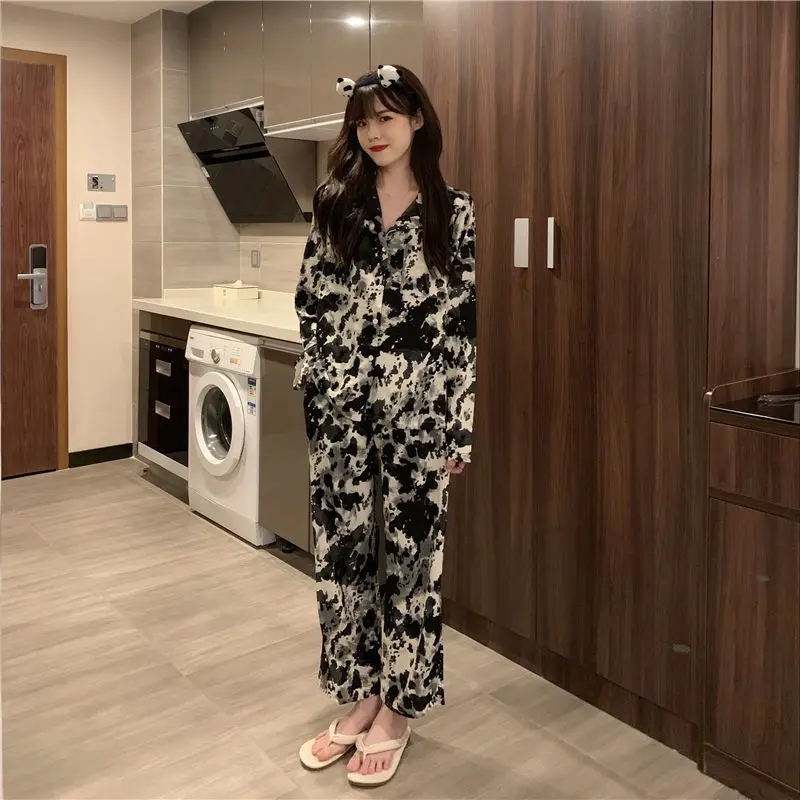 QWEEK Womens Pajamas Spring Autumn Loungewear Two Piece Set Ink Painting Printing Bedroom Set Pijamas Pyjamas Sleepwear Fashion