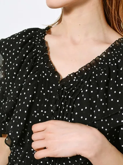 

V-Neck Off Shoulder Polka Dot Flounced Edge Mid-Calf Vestidos Japan Style Sweet Women's Cloth 2021 Spring New Dresses