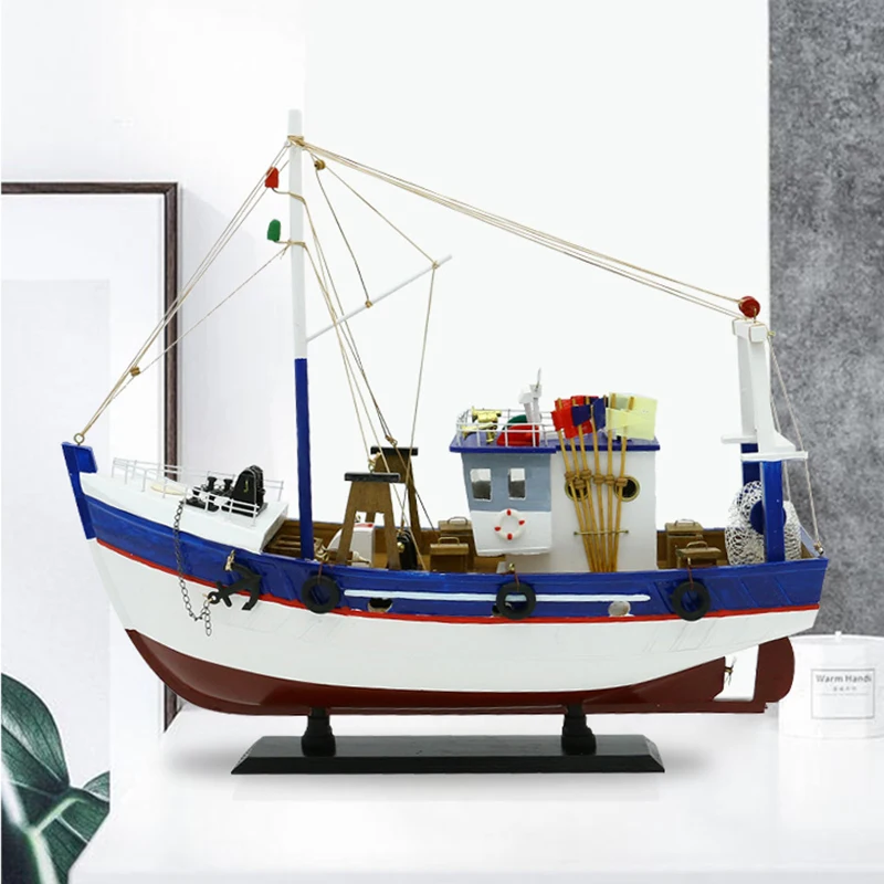 

LUCKK Fishing Boat Model White Blue Red Classic Home Decoration 45*15*38cm Marine Style Real Civil Boat Wooden Handmade Products