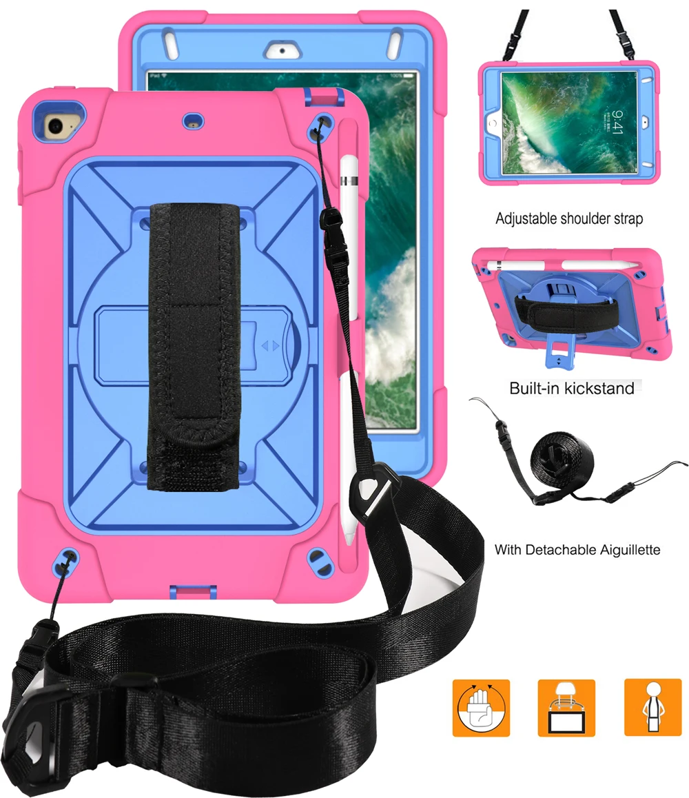 rose red blue Чехол для планшета для iPad Mini 5 mini 4, детская сверхмощная Защитная крышка вращающаяся подставка/ремешок на руку+ плечевой ремень - Цвет: rose red blue