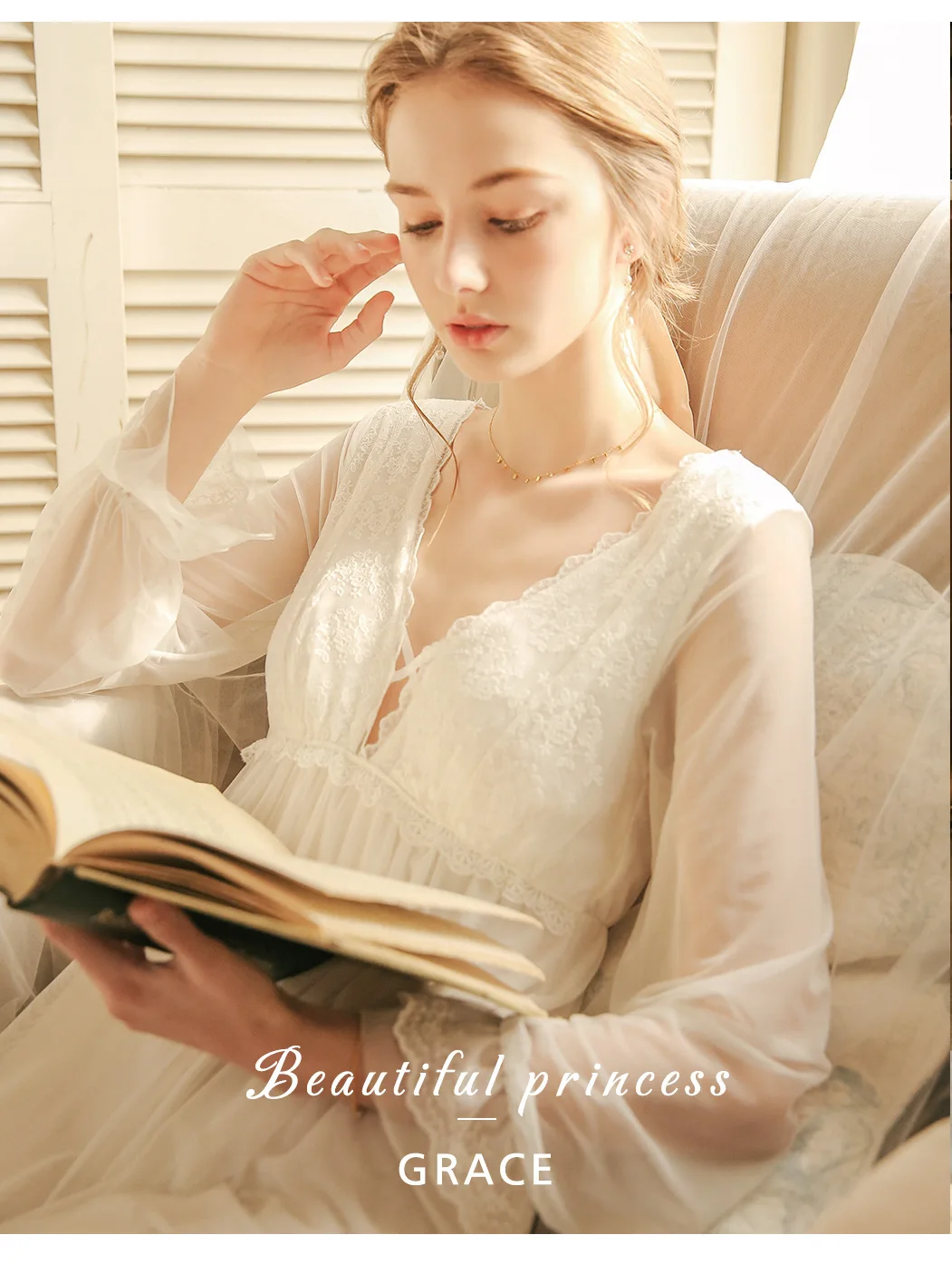 

Court Style Lace Women's Nightdress Spring and Summer Thin Long Sleeve Pajamas Vintage Nightgown Chest Cross Sexy Nightwear