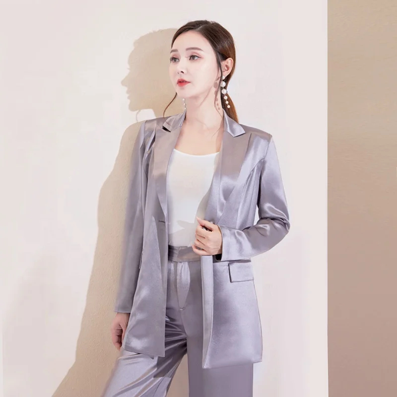 

New Winter Blazer Belt Jacket Women Wide Pants Office Suit Satin Womens Tuxedo Pant Suits
