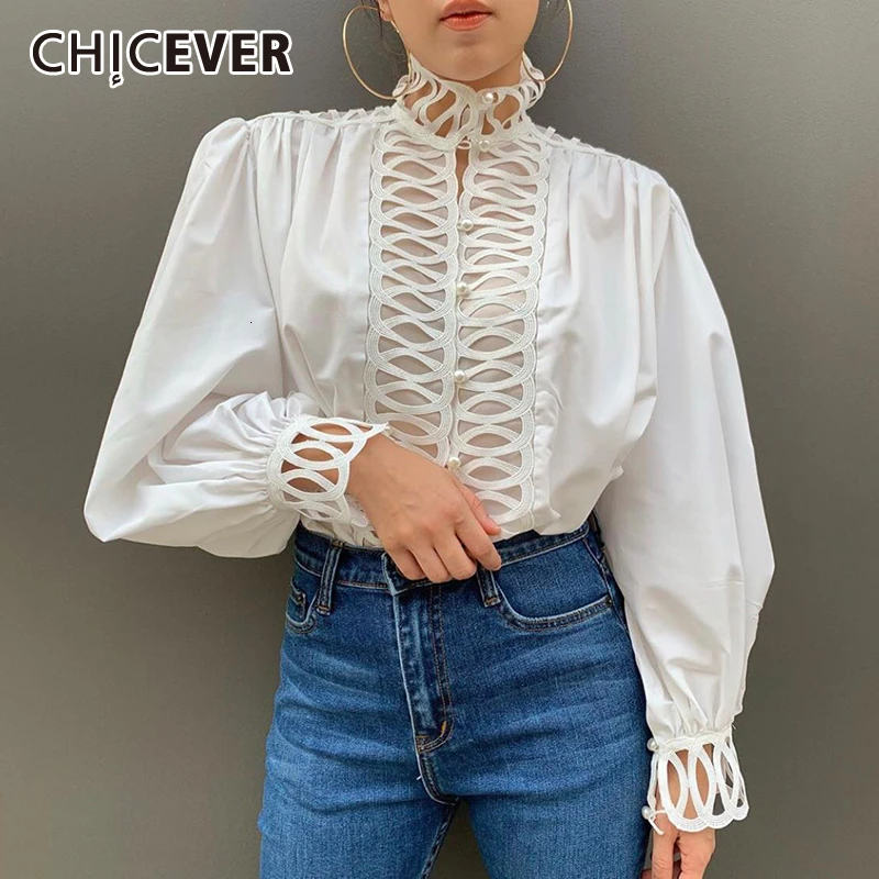 CHICEVER белая открытая женская рубашка водолазка фонарь длинный рукав Лоскутная