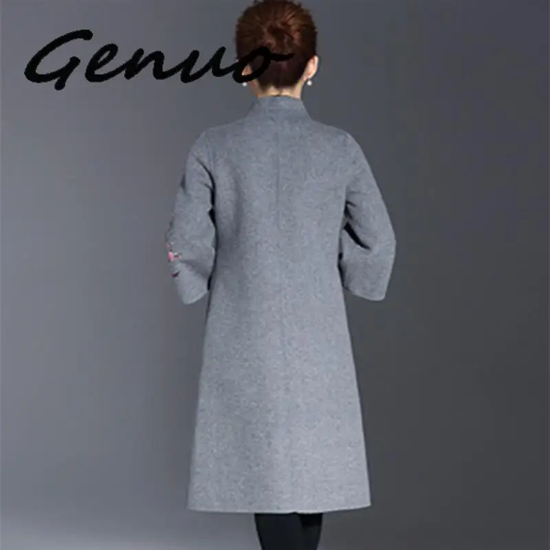 Женское шерстяное пальто с вышивкой длинное жаккардовое большого размера в