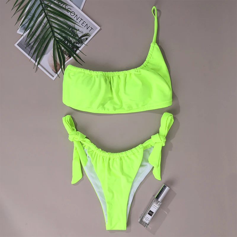 

Sexy Irregular One Shoulder Bikini Bandage Swimwear Women Summer Thong Swimsuit Beachwear Green Neon 2 Piece Set Biquini