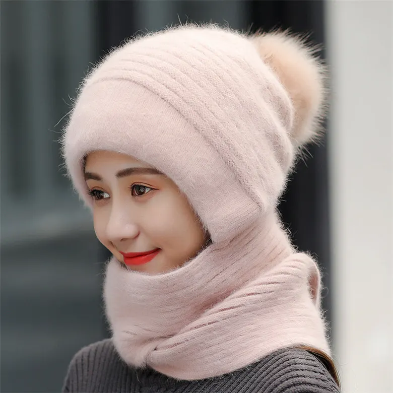 light pink Женские брендовые новые шерстяные шапки вместе с шарфом женские наушники протектор вязаные Skullies зимняя шапка теплые кроличьи меховые шапки нагрудник - Цвет: light pink