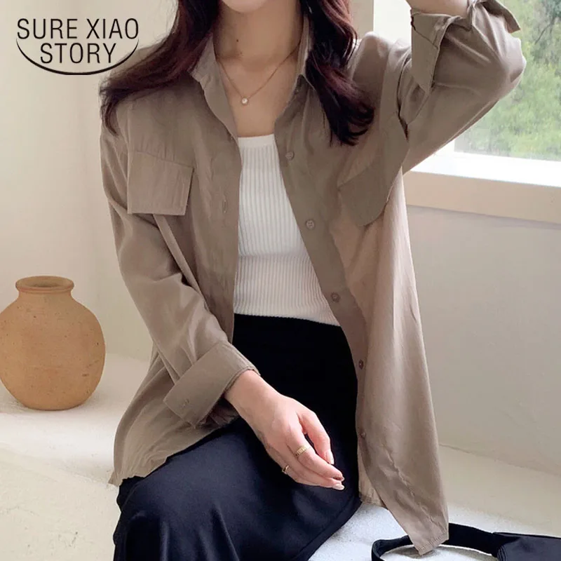 

Vintage Loose Chiffon Blouse Blusas Women Tops Blouse Long Sleeve Woman Shirt Summer 2021 Solid Pocket Chic Lady Clothing 10008