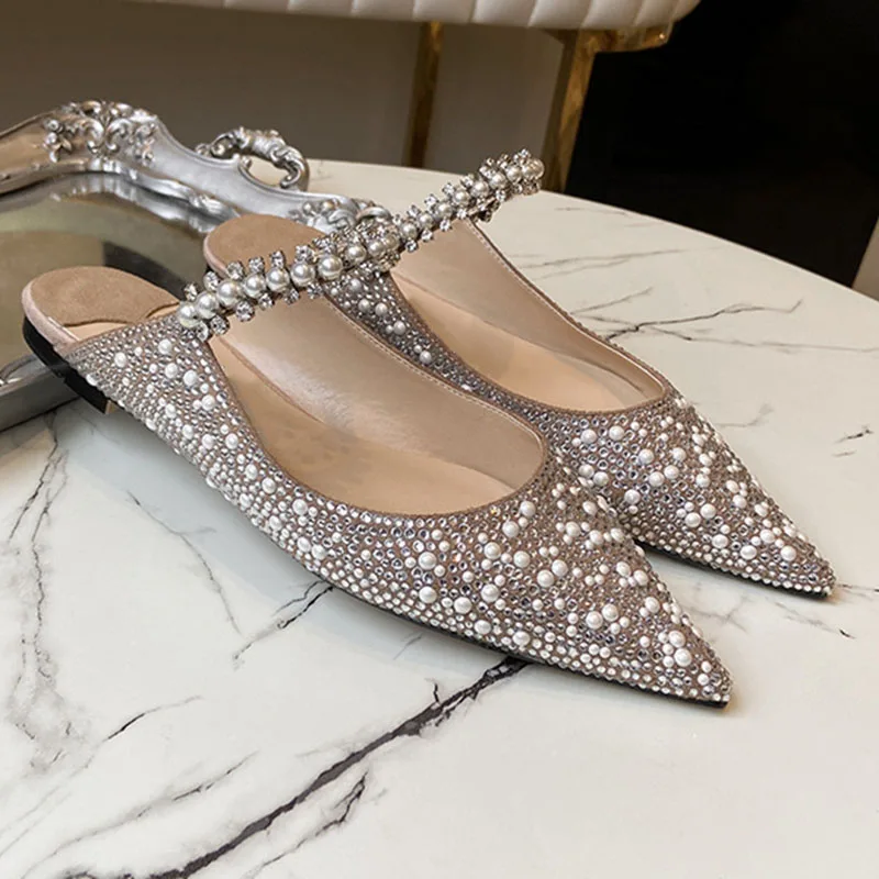 

Comemore New Elegant Slippers Fashion Women 2021 Summer Rhinestones Pointed Toe Flat Slippers Fashion Mules Dress Women's Shoes