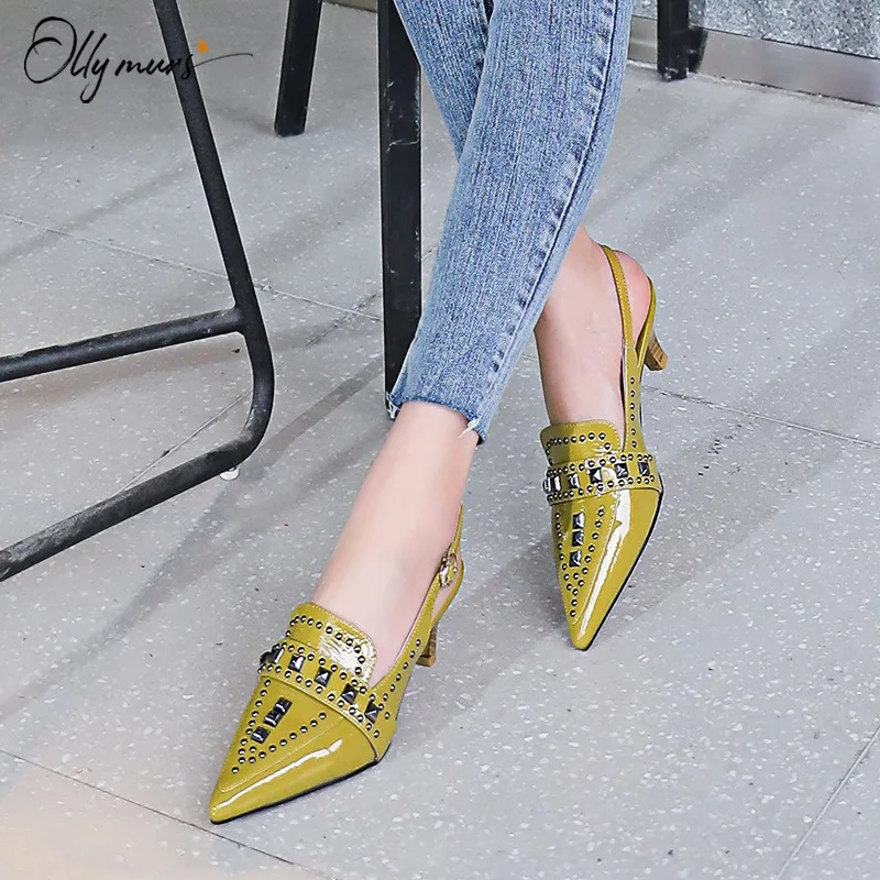 

OllyMurs New Fashion Spring Summer Women Pumps Shoes Sexy Pointed Toe Metal Studded Thin Mid Heel Ladies Pumps Party Shoes Woman