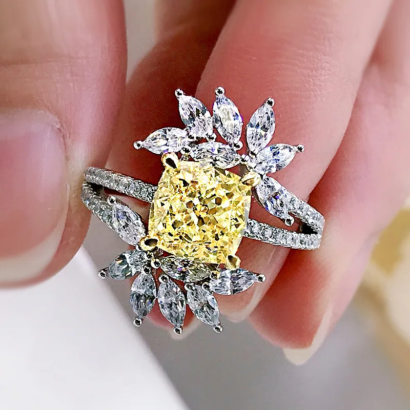 

100% 925 Sterling Silver Ice Flower Square Cut Created Moissanite Citrine Leaf Flower Ring For Women Engagement Fine Jewelry