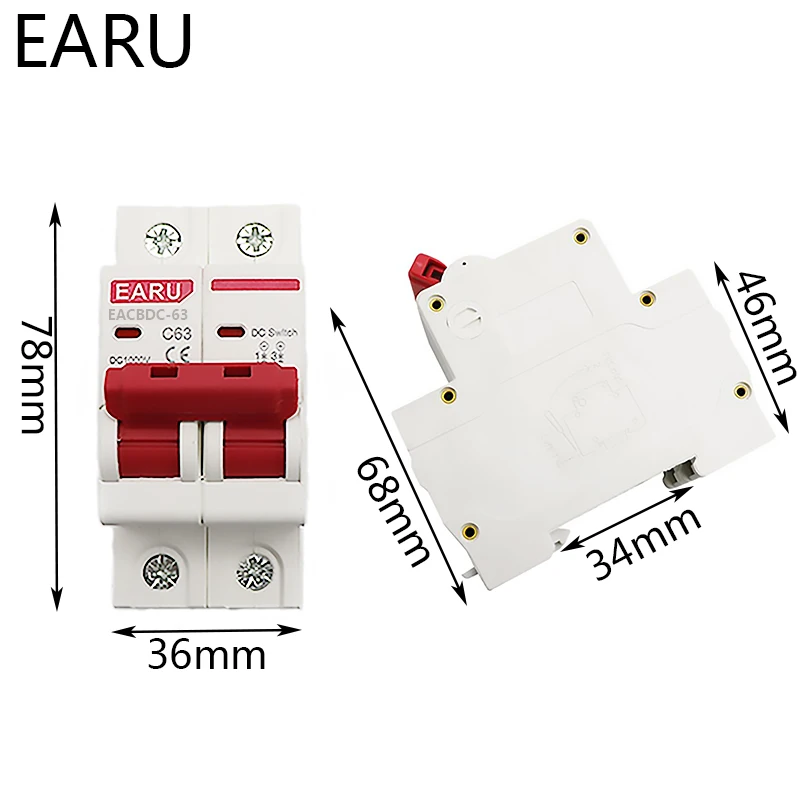 DC 1000V Солнечный мини выключатель защиты от перегрузки 6A/10A/16A/20A/25A/32A/40A/50A/63A 2P DC1000V