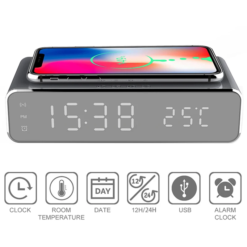

Bluetooth Speaker Multifunction Alarm Clock With Radio LED Wireless Subwoofer Music Player Table Clock With Wireless Charger