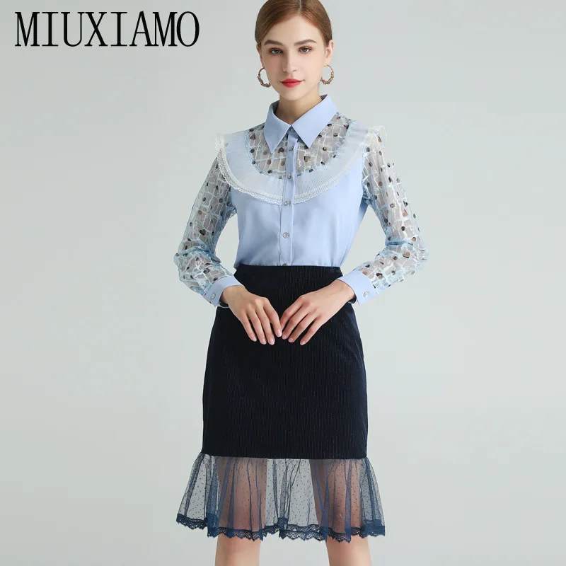 MIUXIMAO 2021 Spring Summer Women Long Sleeve Ruffle Edge Perspective  Fashion Shirt Black Skirt Fashion Suit Two Piece Set