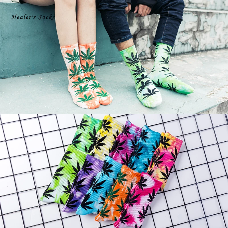

Носки хлопковые для мужчин и женщин, модные до щиколотки с конопляной краской, с цветным Кленовым листом, смешные, счастливые, для скейтборд...