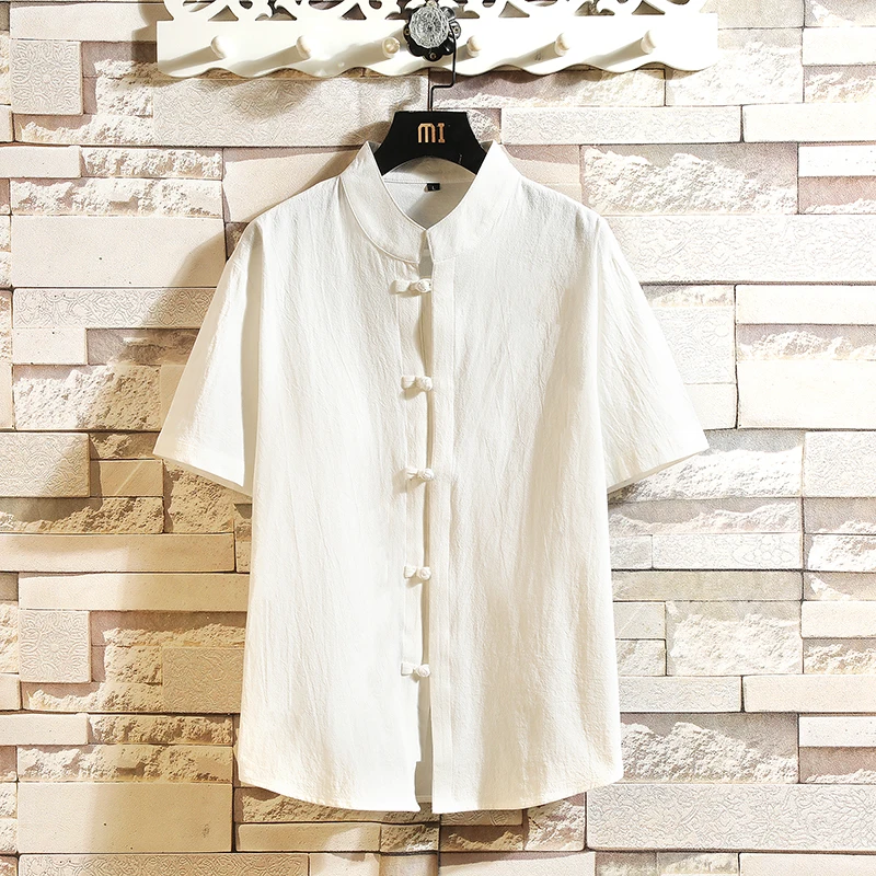 

2021 Summer Men Casual Shirt Cotton Harajuku Short Sleeve Shirts Male Vintage Button Stand Collar Solid Blouse Streetwear Shirt