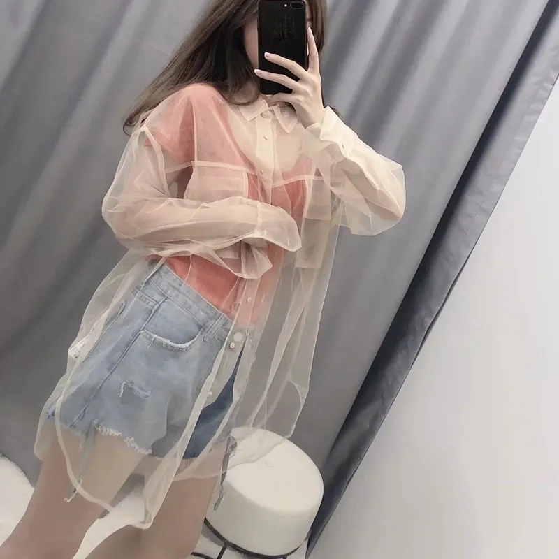 Модная женская бежевая прозрачная блузка с отложным воротником сетчатая рубашка