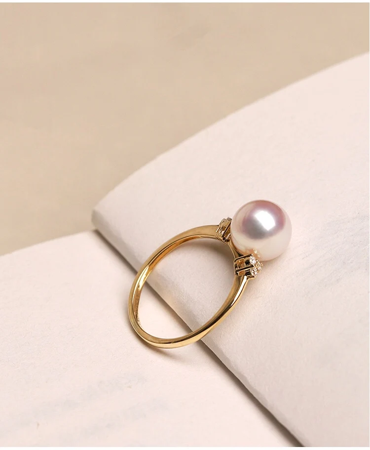 18K import Solid Yellow Gold Jewelry(AU750) Women  Single Grain Akoya Peas Weaving Diamond  ring  Natural Seawater Pearl  Lady