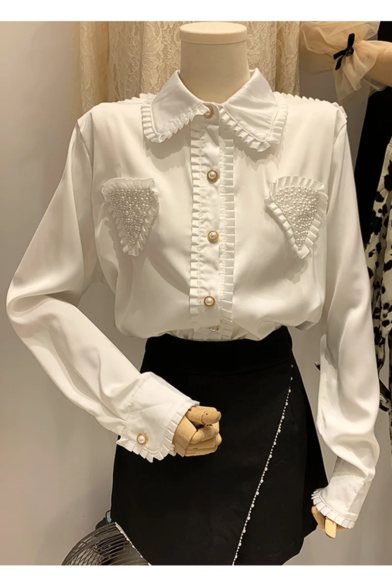 

Polo Collar Long-Sleeved Shirt for Women 2021 Spring Beading Heart Spliced Loose Casual Shirt Stringy Selvedge Niche Top