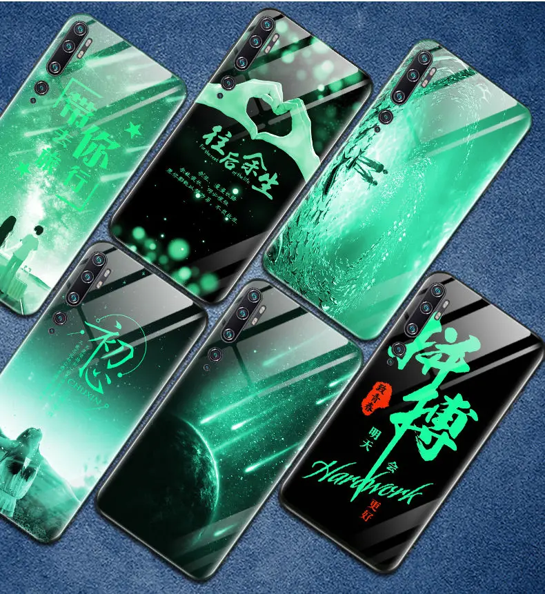 For Xiaomi Mi Note 10 Pro Case Luxury Luminous Hard Tempered Glass Protective Cover for xiaomi mi cc9 pro phone shell |