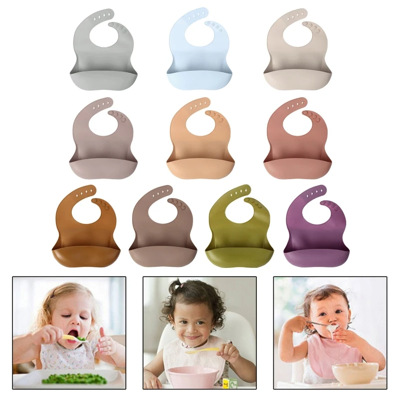 

Baby Soft Silicone Bib Infant Toddlers Solid Color Feeding Food Catcher Pocket Waterproof Saliva Dripping Adjustable Apron
