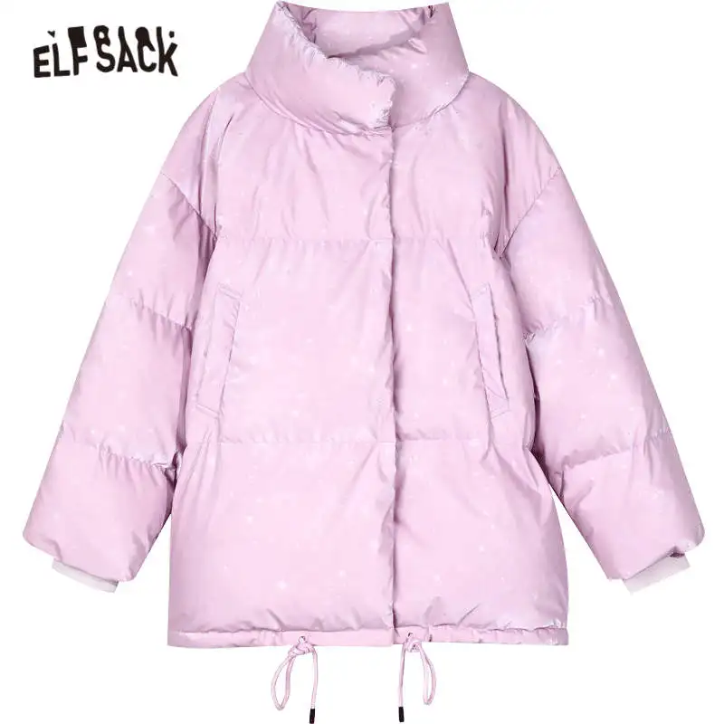 

ELFSACK Purple Solid Oversize Hooded 90% White Down Coat Women,2020 Winter ELF Sliver Pure Korean Ladies Warmness Daily Outwear