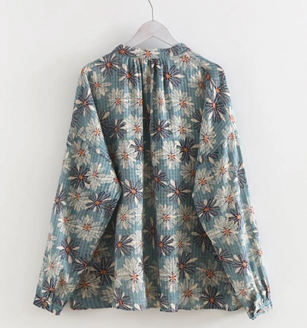 

Women Vintage Cotton Shirt Mori Girls Floral Print Blouse Tops
