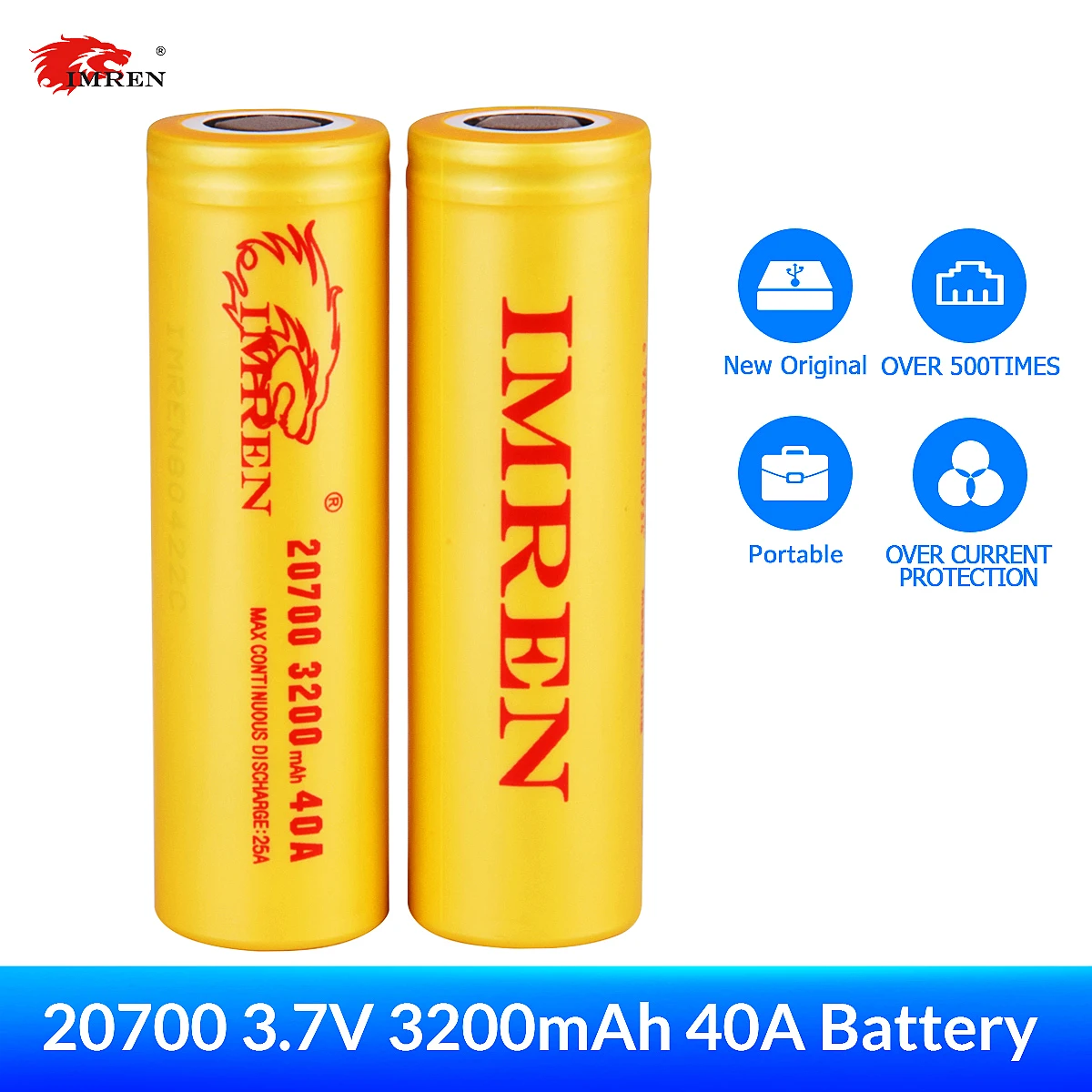 

IMREN 20700 3.7V 3200mAh Rechargeable Li-ion Cylindrical Battery for Ebike Eletronic Power Flashlights Drone Headlamps RC Cars