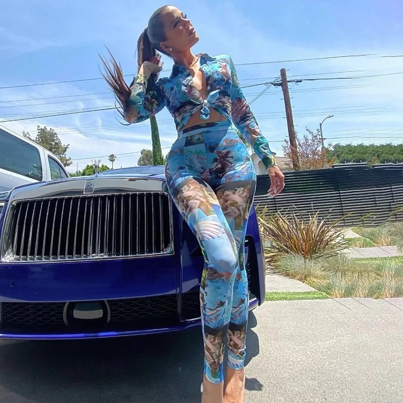 

Women's Autumn Two-Piece Lace-up Fashion Retro Printing Trend Shirt Top Tights Trousers Casual Suit