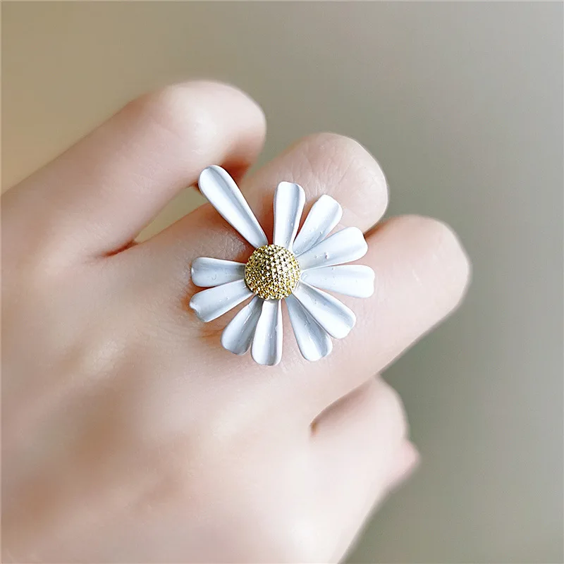 Регулируемое эмалевое белое кольцо с маргариткой новый стиль кольца цветами для