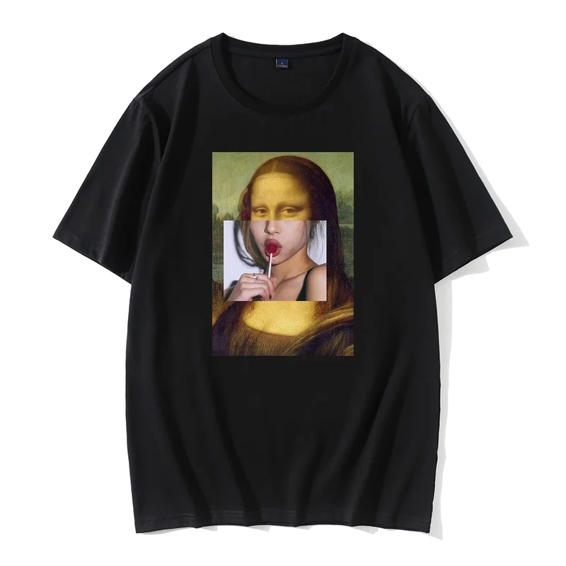 

100% Cotton O Neck Summer Mona Lisa Lollypop Men T-Shirt Funny Smoking Mona Lisa Printed Graphic Tshirt Casual Tee Hipster Tops