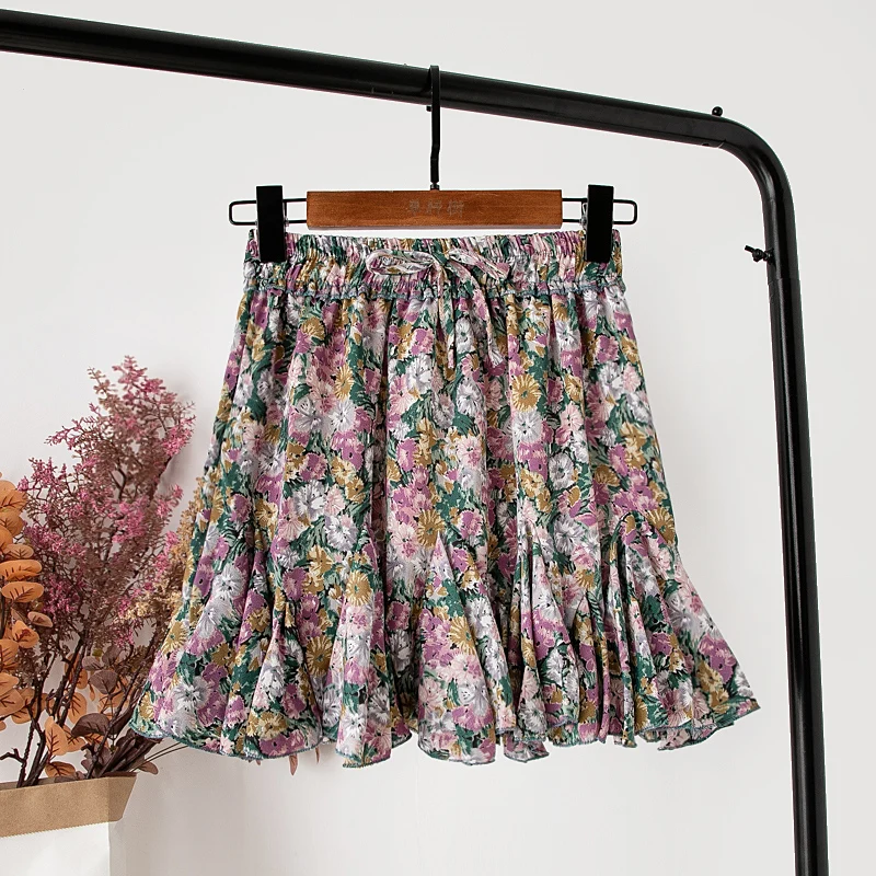 

Женская шифоновая юбка с завышенной талией, трапециевидная мини-юбка с цветочным принтом, Клубная одежда, сексуальные короткие пляжные юбк...
