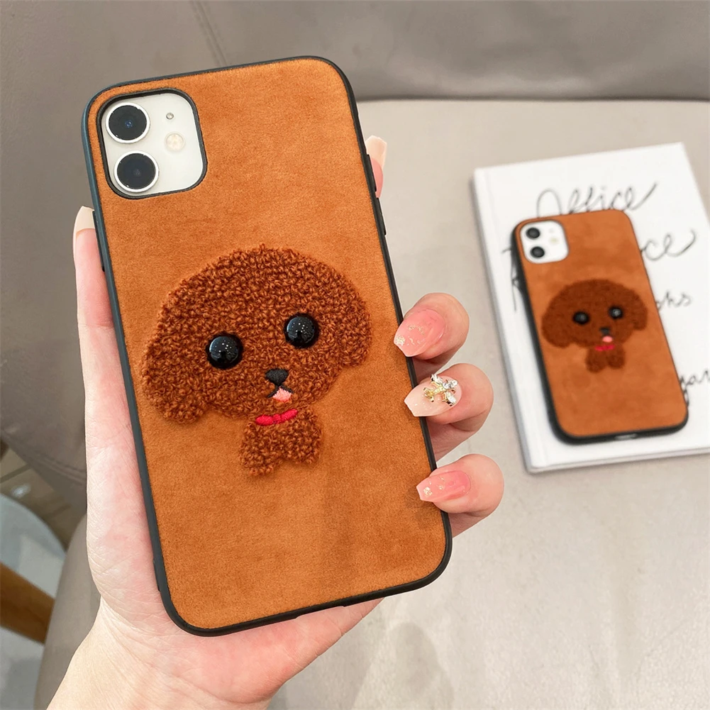 

Мягкий чехол с плюшевой вышивкой для Iphone13, полный мягкий чехол с милым коричневым щенком для IPhone 13 Pro Max, аксессуары для декора