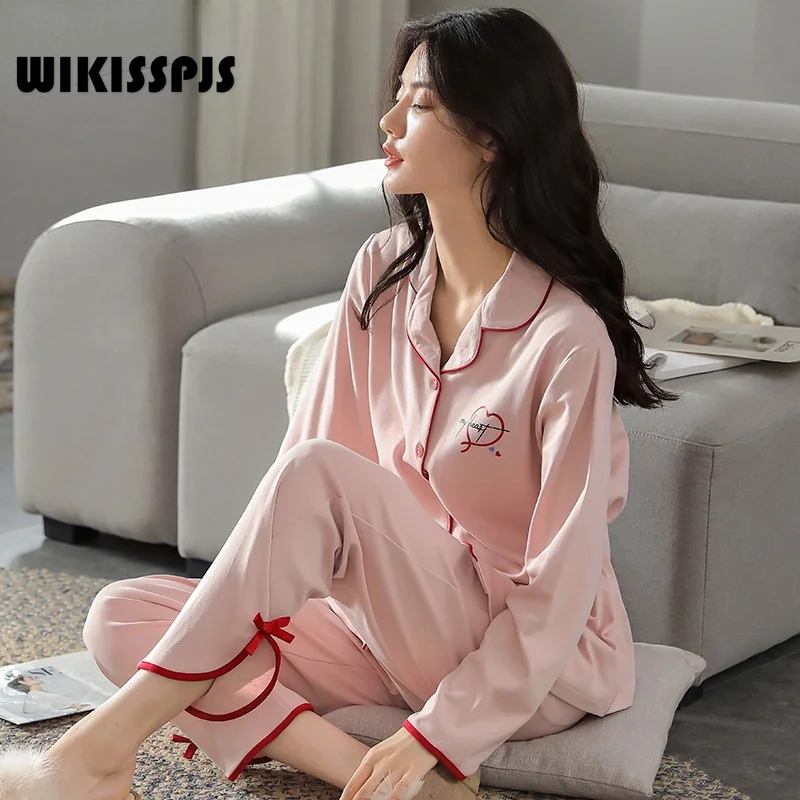 WIKISSPJS 2022 New Women Cotton Cardigan Lapel Sweet Pink Long Sleeve Home Clothes Pajama Set Sleep Wear Lounge Sets Kawaii Pjs