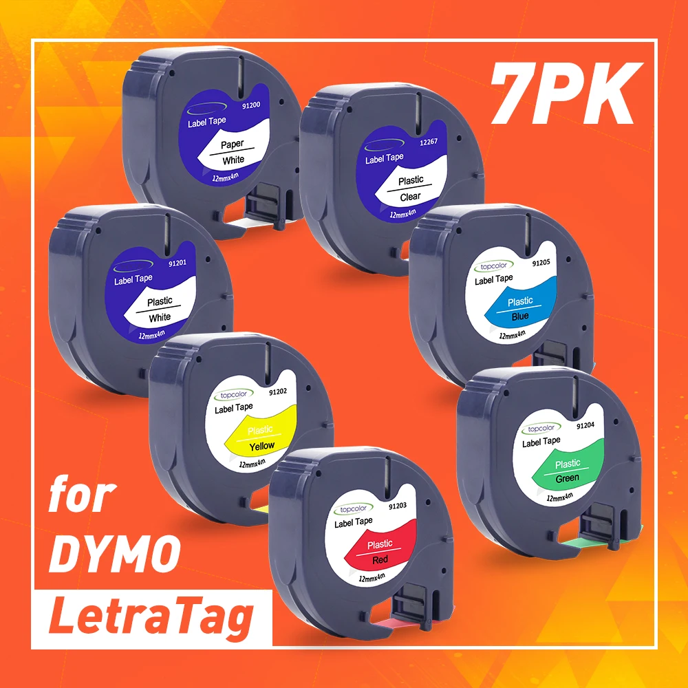 

Topcolor 7PK Fit Dymo LetraTag Label Tapes 12mm LT Refills 91201 12267 for Dymo Label Maker LT-100H LT-110T QX50 2000 Typewriter