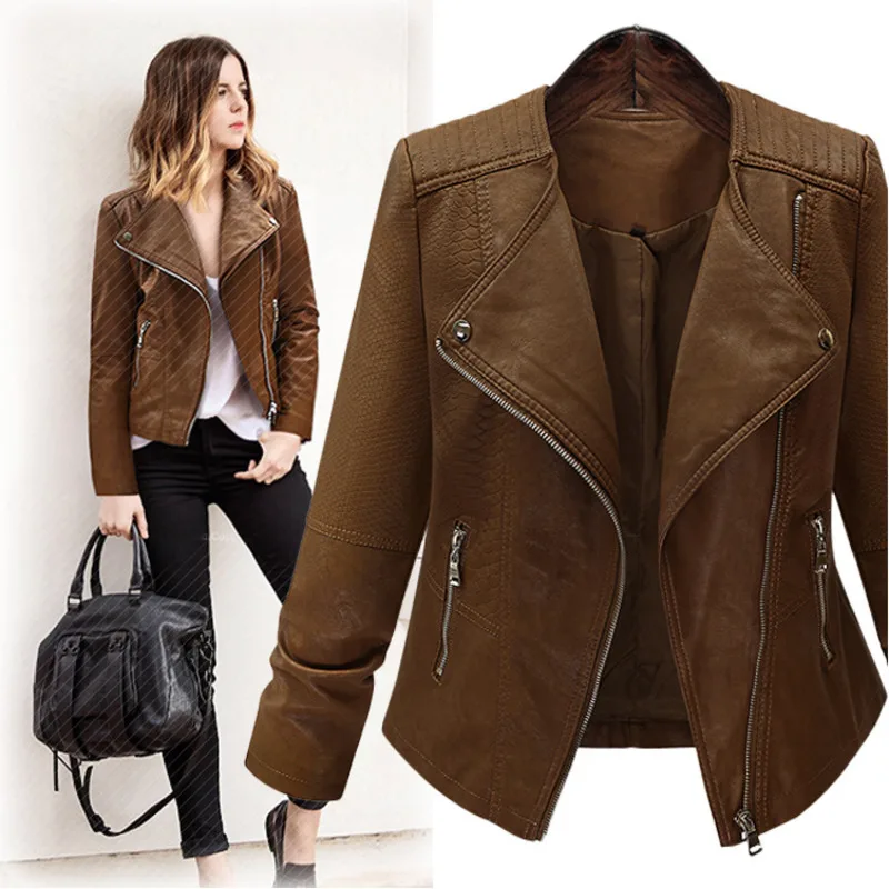 LANMREM коричневый лацкан с длинным рукавом молния короткое тонкое кожаное пальто
