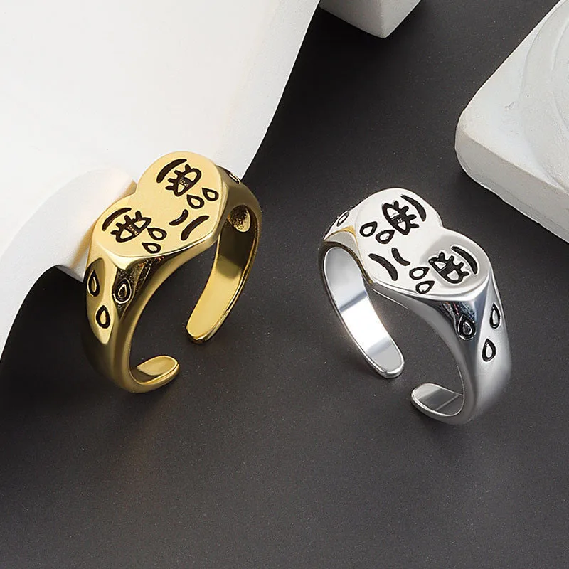 

Retro Love Crying Face Open Ring For Women Simple Ancient Silver Color Cute Geometric Sad Tears Faces Adjustable Rings