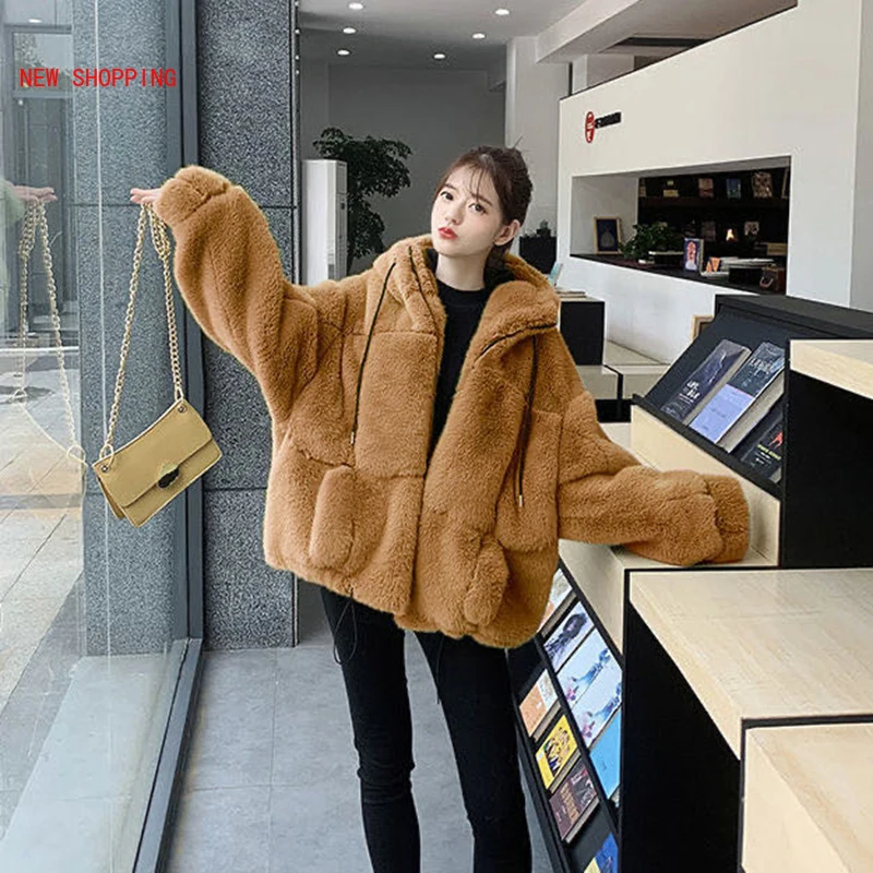 2022 Faux Fur Women Coat with Hood Fashion Zipper Plush Thick Slim Pink Faux Fur Jacket Fake Rabbit Fur Coats Chaqueta Mujer