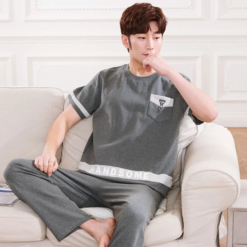 

2021 New Summer 100% Cotton Short Sleeve Long Pants Pajama Sets for Men Korean Sleepwear Pyjama Homewear Night Suit Home Clothes
