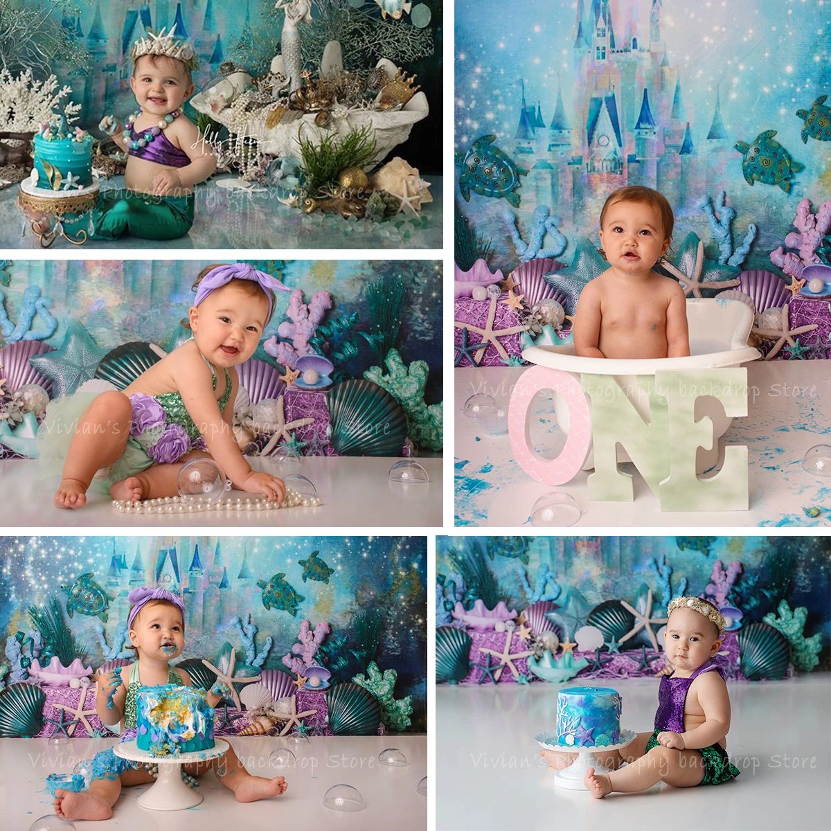 

Mocsicka Mermaid Theme Backdrop Kids Birthday Backdrop Under the sea Newborn Cake Smash Background Castle Baby Photostudio Props