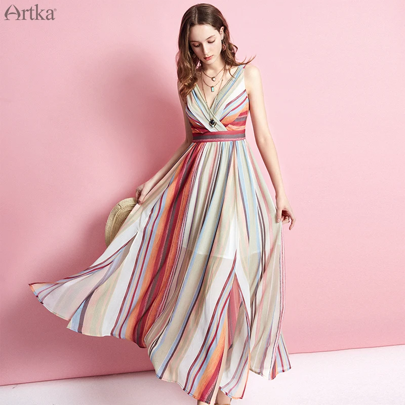 Женское шифоновое платье на бретельках ARTKA разноцветное длинное в полоску с V
