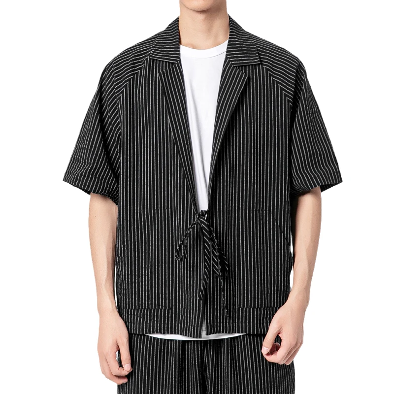 

Chinoiserie Striped Lapel Shirt Summer Loose Plus Size Short Sleeve Cardigan Linens Harajuku Oversized Tops Men Clothing Coats