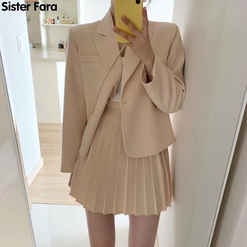 

Сестры фара Новинка весны 2021 куртка на одной пуговице и юбка комплект для женщин + юбка с высокой талией Складки Плиссированные Мини-юбки оф...