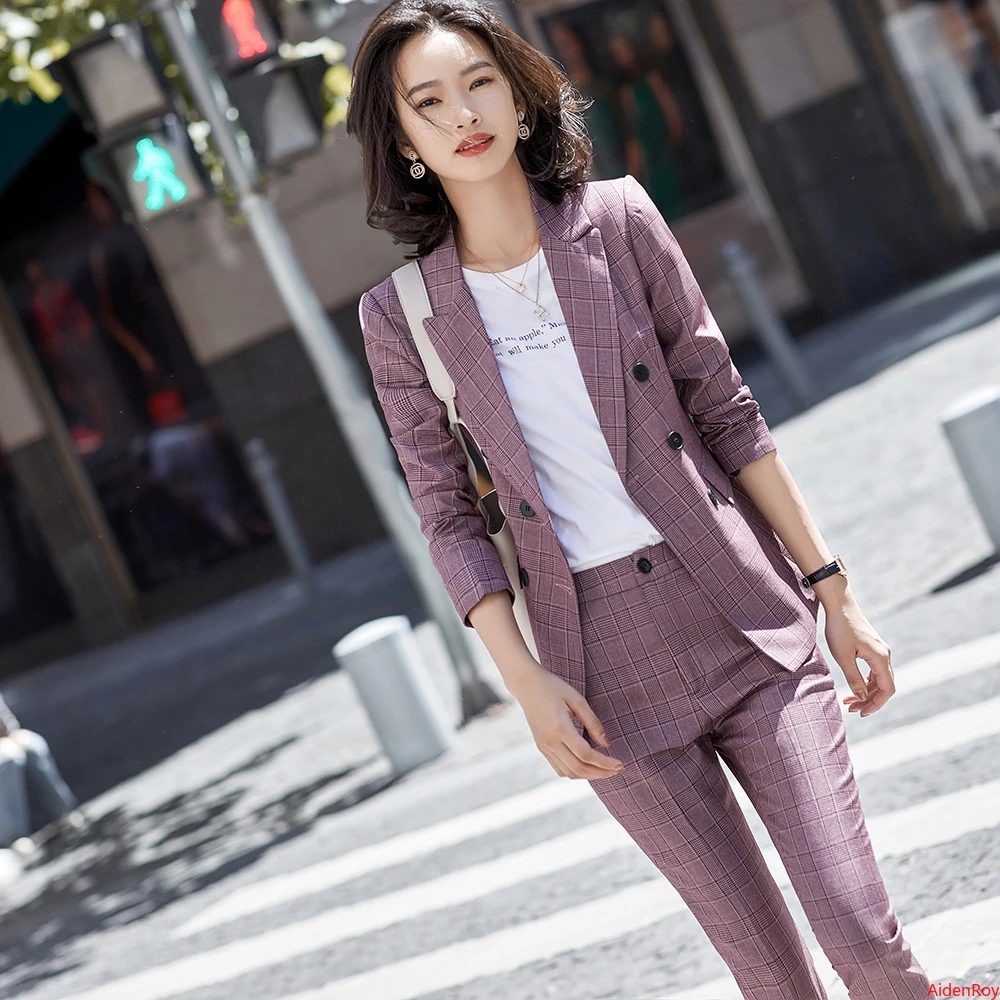 

Formal High Quality Purple Green Plaid Casual Women's Suit Pants 2 Piece Set Elegant Ladies Blazer Jacket Business Trousers Suit